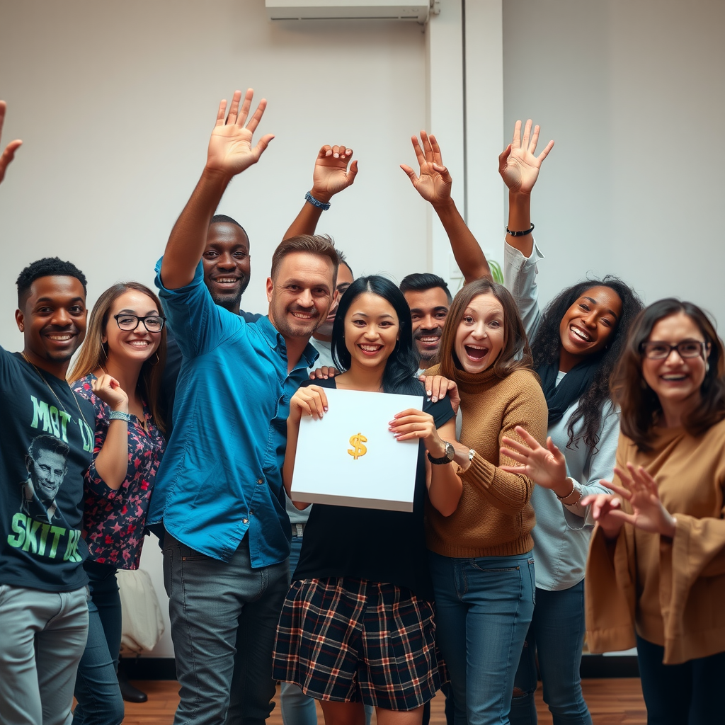 Inspiring image showing diverse group of creators and supporters celebrating successful project launch, with emotional connections and community spirit visible