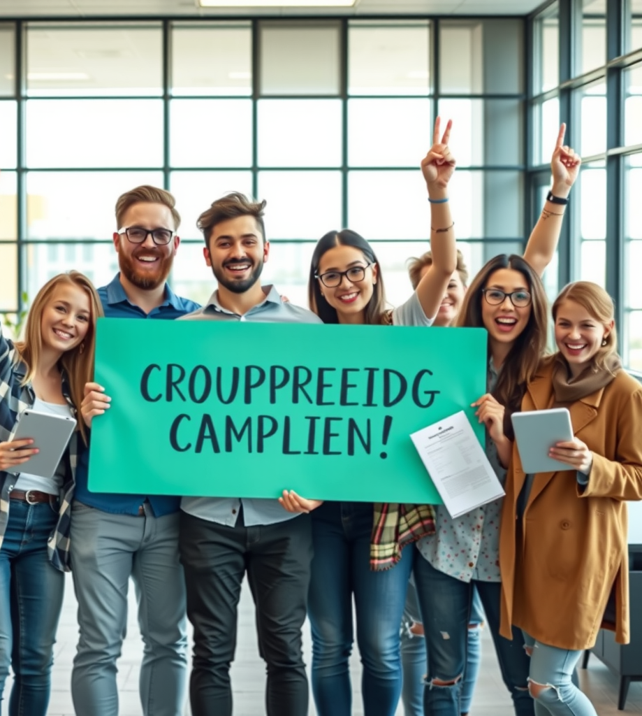 Группа создателей проектов радостно празднует успешное завершение краудфандинговой кампании, держа в руках планшеты и документы, на фоне современного офиса с большими окнами