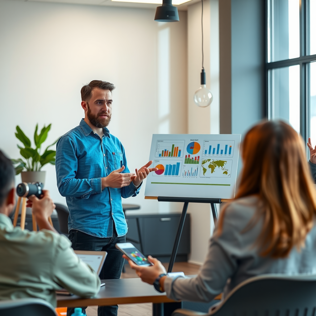 Создатель проекта представляет свою идею заинтересованной аудитории с использованием визуальных материалов, графиков и презентационных слайдов в современном пространстве