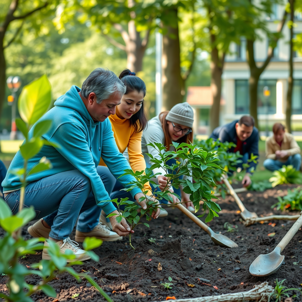 Группа людей разных возрастов работает вместе над общественным проектом в парке, высаживая деревья и создавая зеленую зону, атмосфера сотрудничества и позитивных изменений