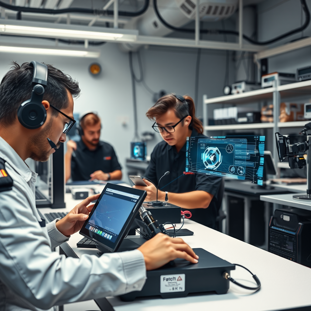 Современная лаборатория инновационных технологий с разработчиками, работающими над прототипами устройств, голографическими дисплеями и футуристическим оборудованием