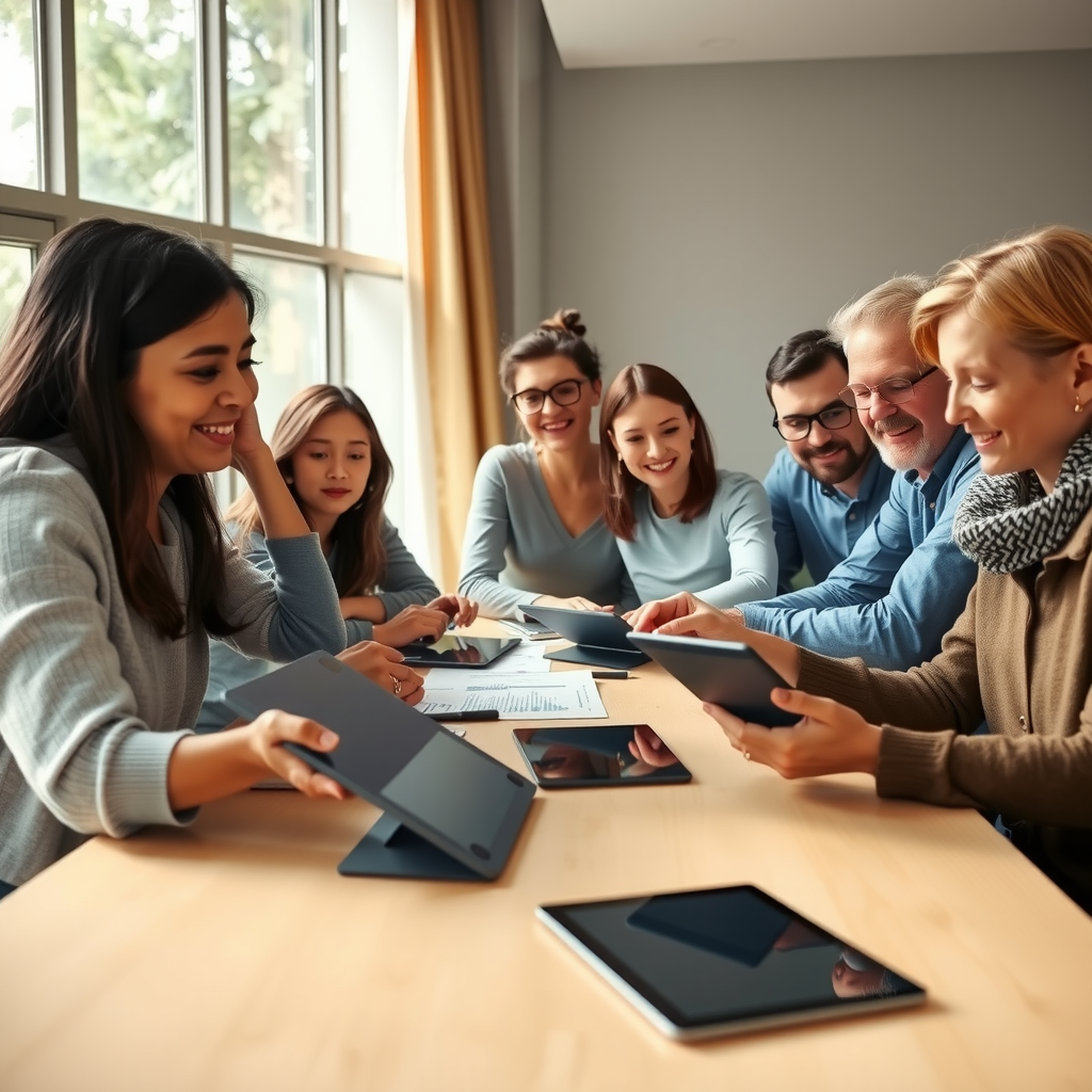 Группа людей разных возрастов собралась вокруг большого стола, обсуждая проект, на столе лежат планшеты и документы, атмосфера дружелюбная и продуктивная, естественное освещение через большие окна