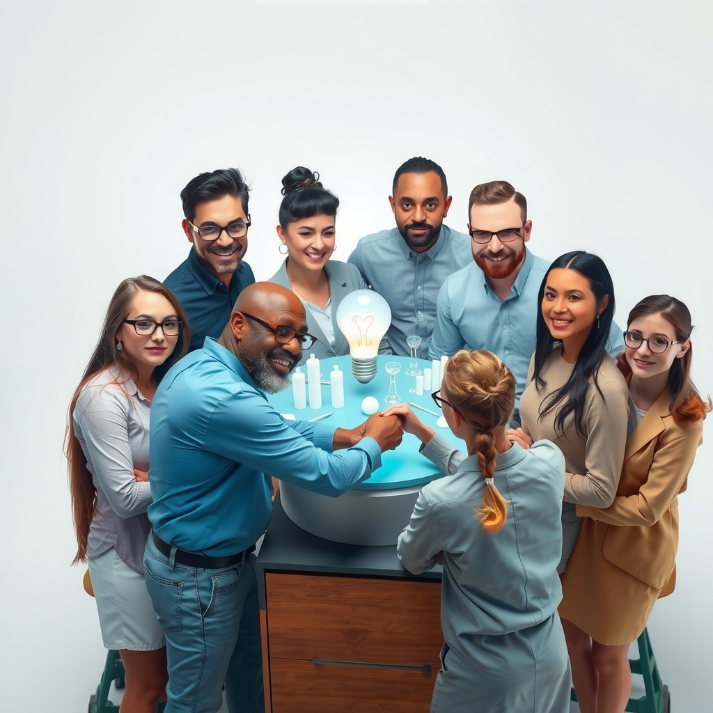 Концепция поддержки сообщества - люди разных профессий объединяются вокруг инновационных проектов, символизируя этапы краудфандинга и коллективную силу