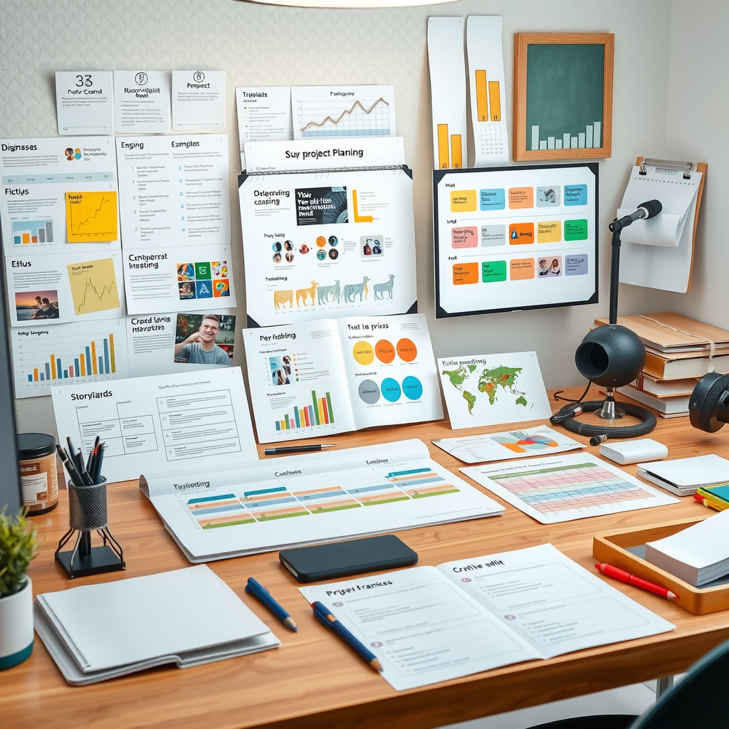 Creative workspace showing project planning materials, storyboards, visual content examples, and milestone charts for crowdfunding campaign preparation