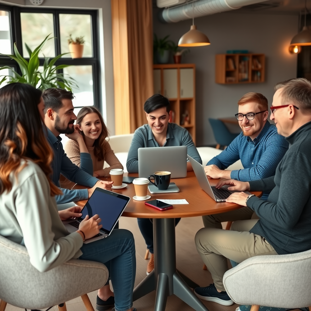 Встреча создателя проекта с группой активных сторонников в уютном коворкинге, люди обсуждают планы развития проекта за круглым столом с ноутбуками и чашками кофе