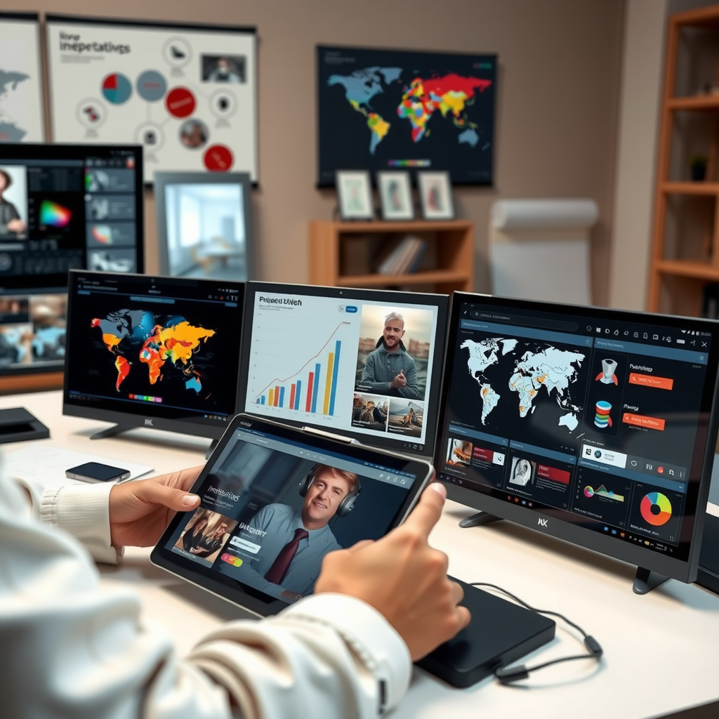 Визуальные элементы повествования включая инфографику, фотографии проекта, схемы и структуру убедительного рассказа на современных цифровых экранах