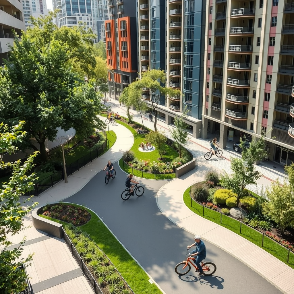 Преображенная городская территория с зелеными насаждениями, велодорожками и людьми, отдыхающими в парке, современный ландшафтный дизайн с акцентом на экологичность