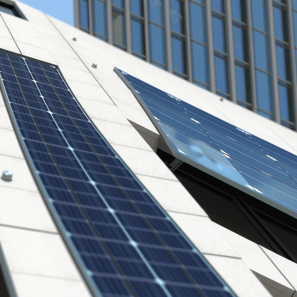 Инновационные солнечные панели нового поколения, интегрированные в архитектуру современного здания, с прозрачными фотоэлектрическими элементами в окнах