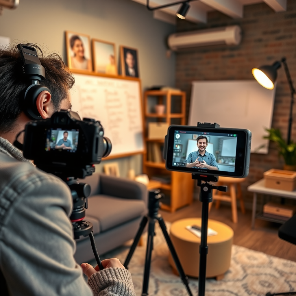 Создатель проекта записывает видеообращение к сторонникам в уютной студии, на заднем плане видны доски с планами проекта, профессиональное освещение, камера на штативе, атмосфера творческая и вдохновляющая