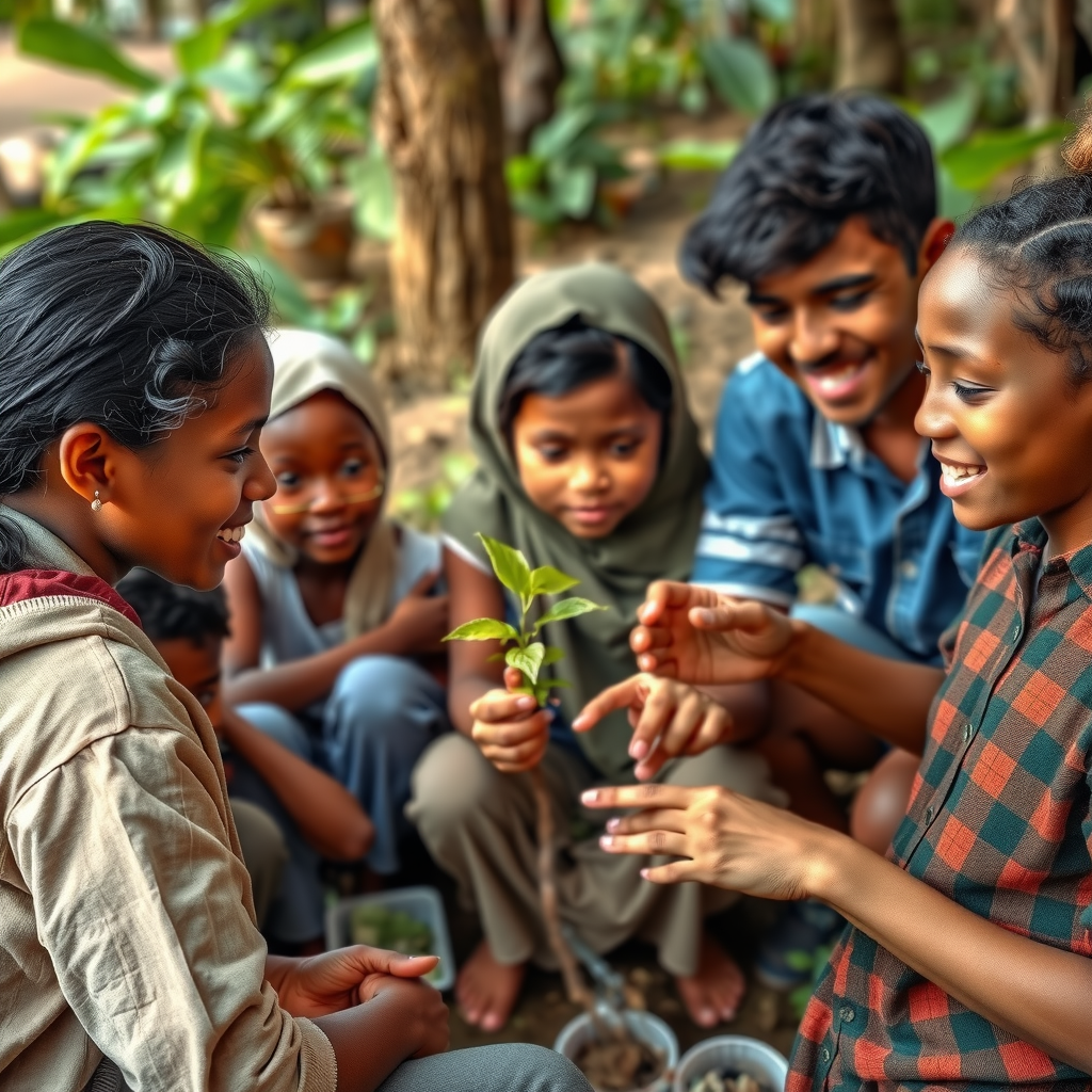 Community members working together on environmental conservation project, educational program, and local development initiative showing positive social impact