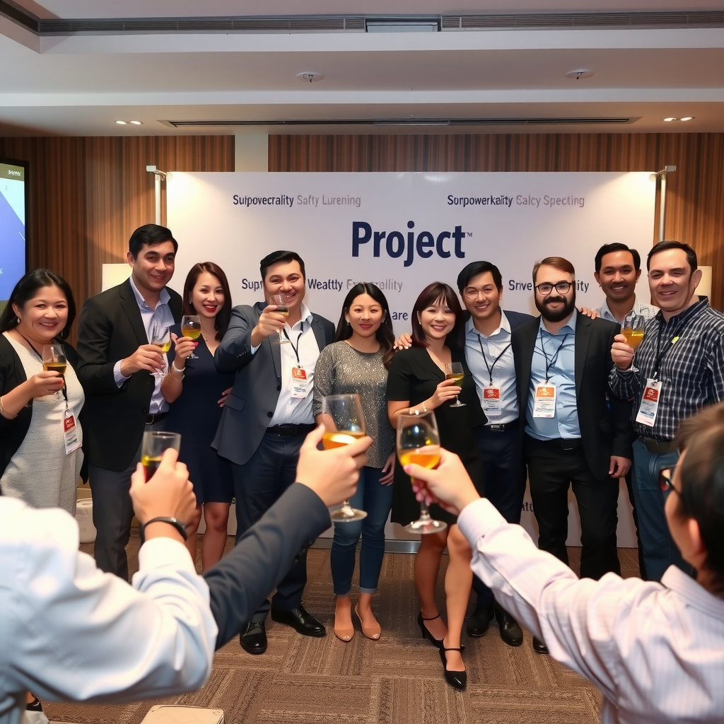 Команда проекта празднует успешный запуск продукта на мероприятии с участием сторонников, все держат бокалы, на заднем плане баннер с логотипом проекта и благодарностями спонсорам