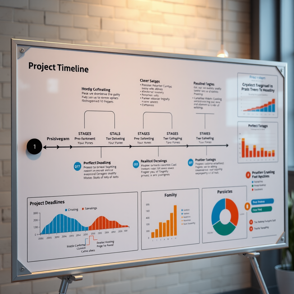 Временная шкала проекта с четкими этапами, целями и реалистичными сроками, представленная на планировочной доске с графиками и диаграммами прогресса