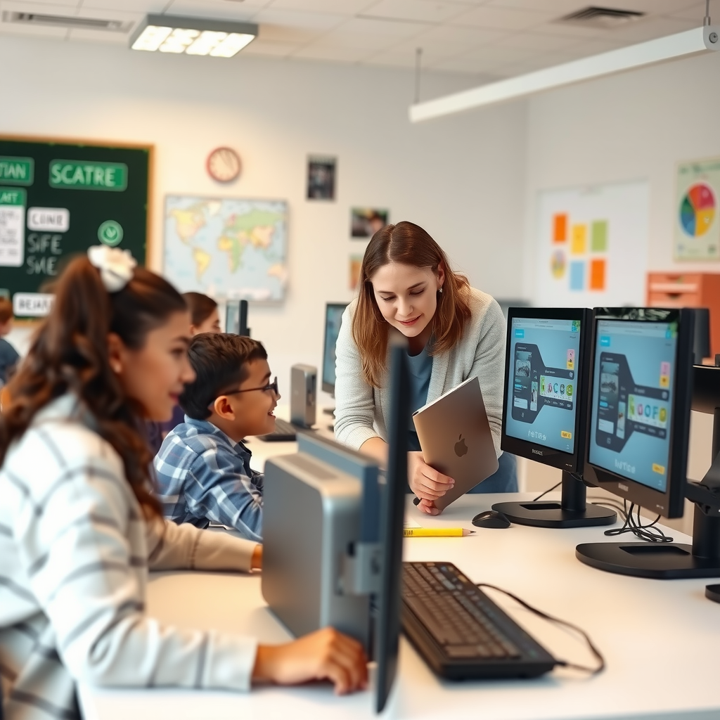 Современный образовательный центр с детьми за компьютерами, преподаватель помогает ученикам, яркое светлое помещение с интерактивными досками и образовательными материалами