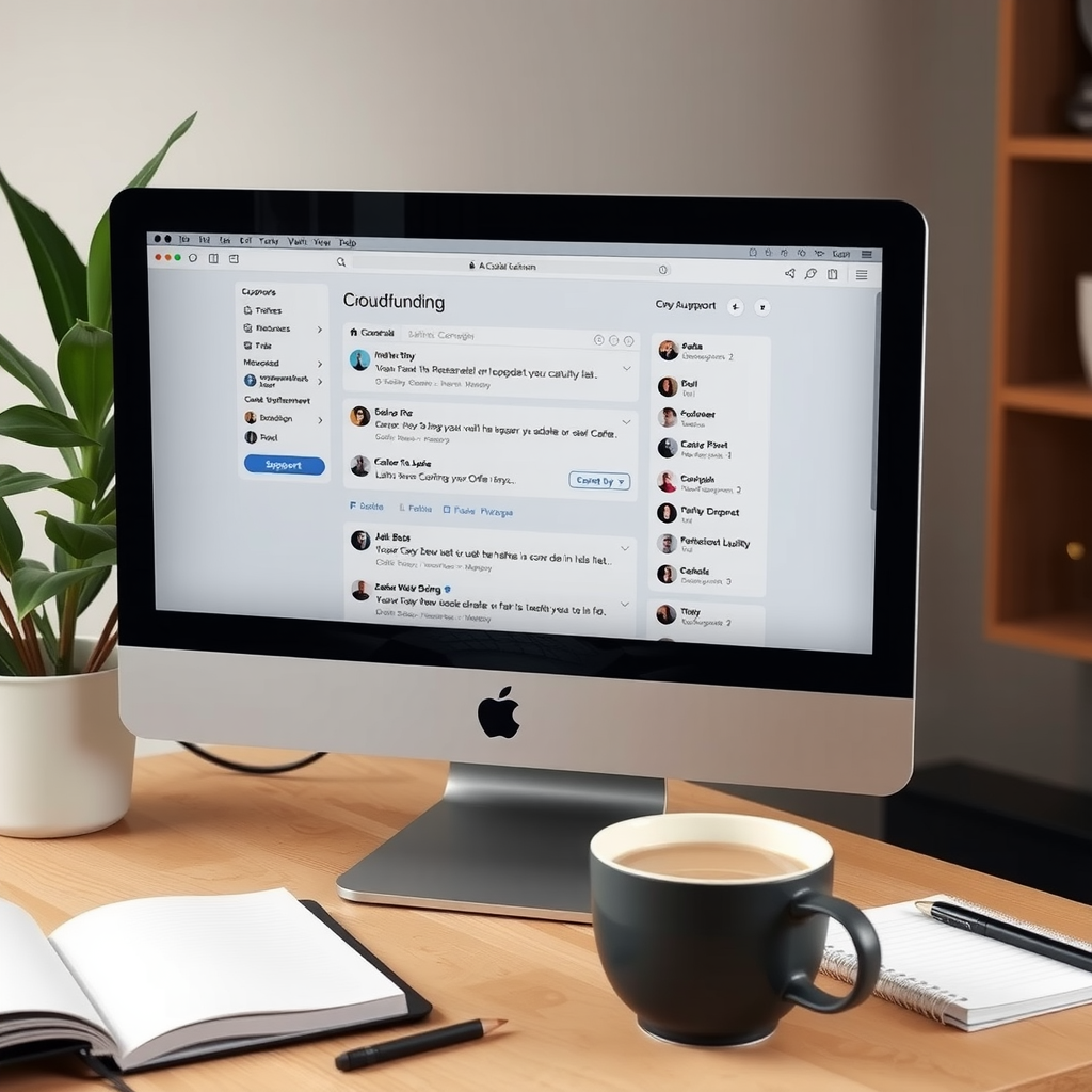 Экран компьютера с открытой платформой краудфандинга, видны комментарии поддержки от разных пользователей, рядом чашка кофе и блокнот с заметками, уютное рабочее место, мягкое освещение