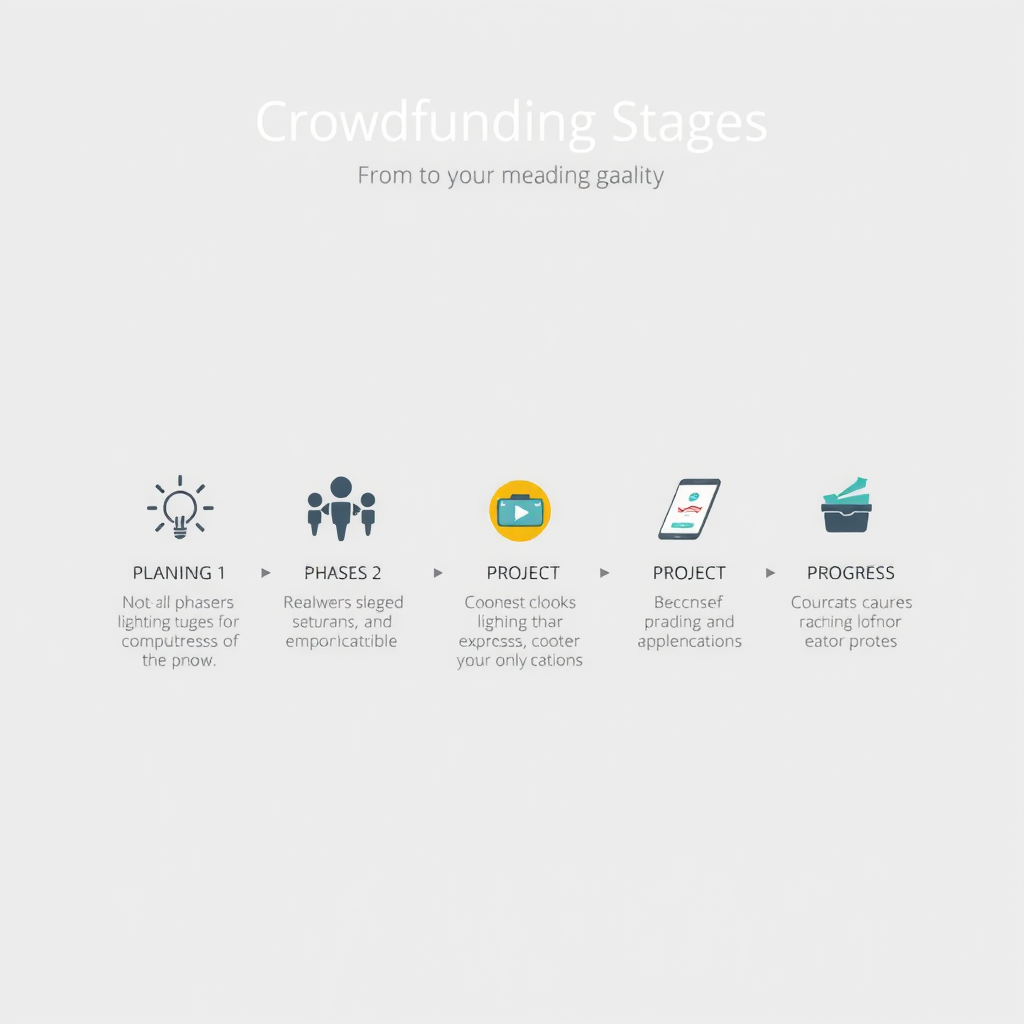 Визуализация этапов краудфандинга - инфографика показывающая пять основных стадий от планирования до реализации проекта с иконками и прогресс-индикаторами