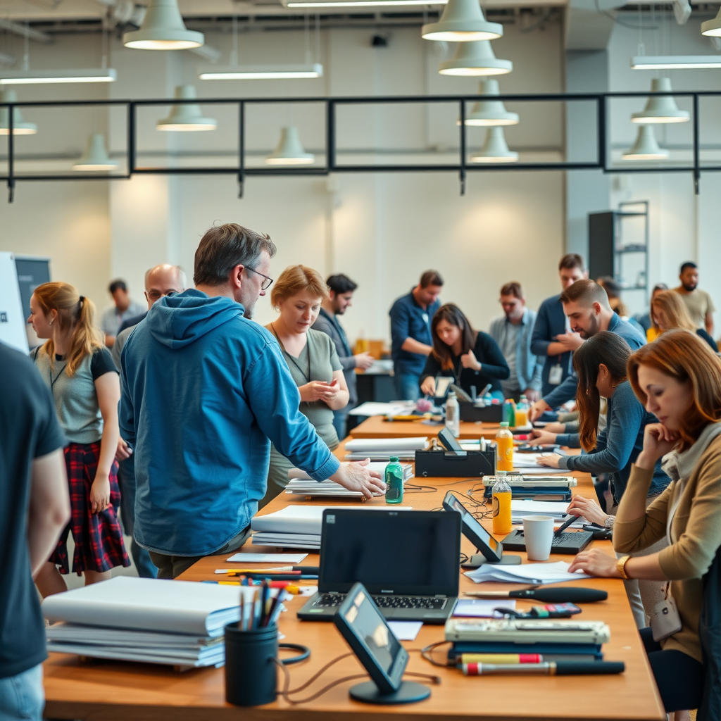 Интерактивный воркшоп с участием создателей проекта и активных сторонников, люди работают в группах над совместными задачами, на столах материалы и инструменты, атмосфера творческого сотрудничества