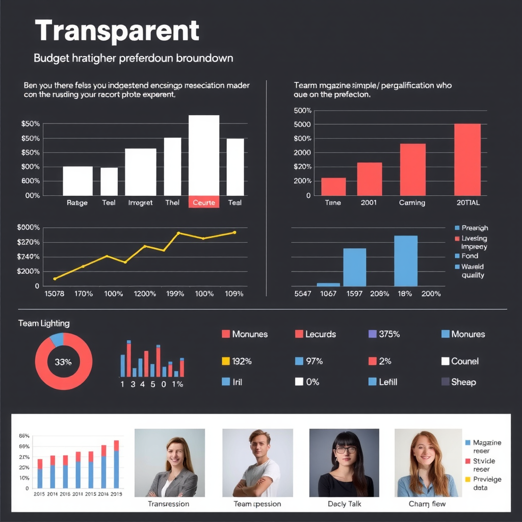 Прозрачная разбивка бюджета и квалификация команды представлены в профессиональной презентации с графиками, диаграммами и фотографиями членов команды