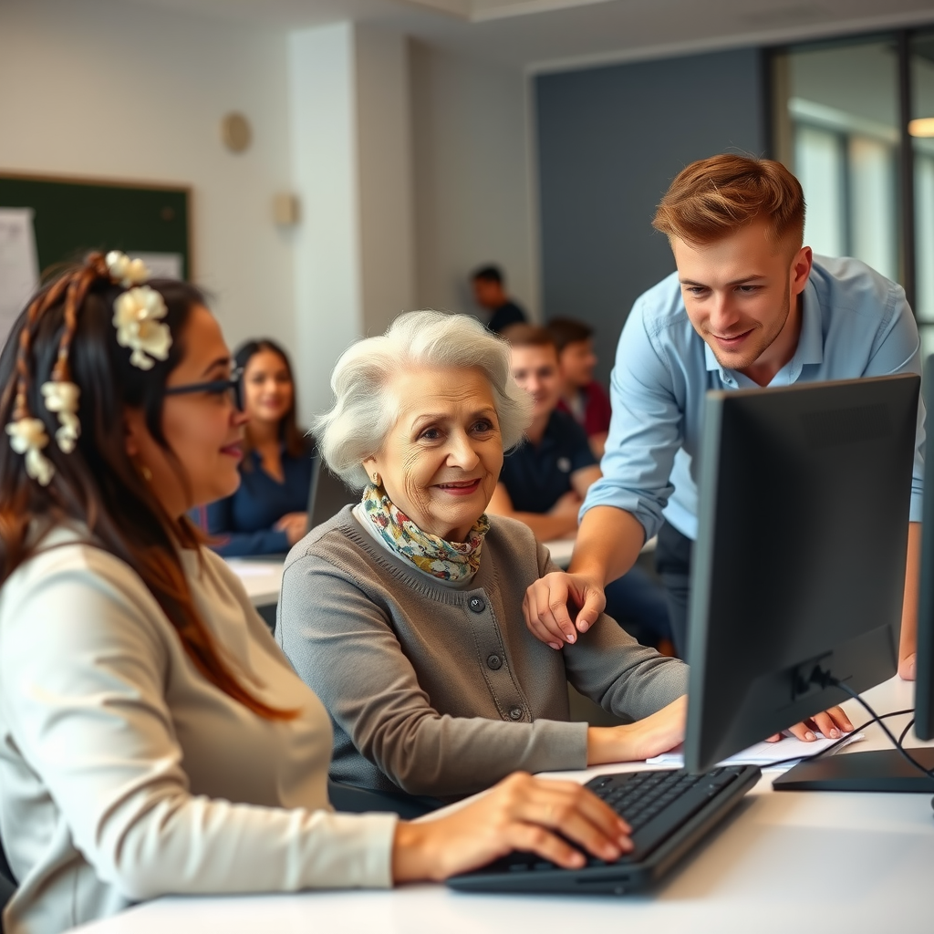 Пожилая женщина за компьютером улыбается, рядом молодой преподаватель помогает ей, атмосфера дружелюбная и поддерживающая, современный класс с несколькими учениками