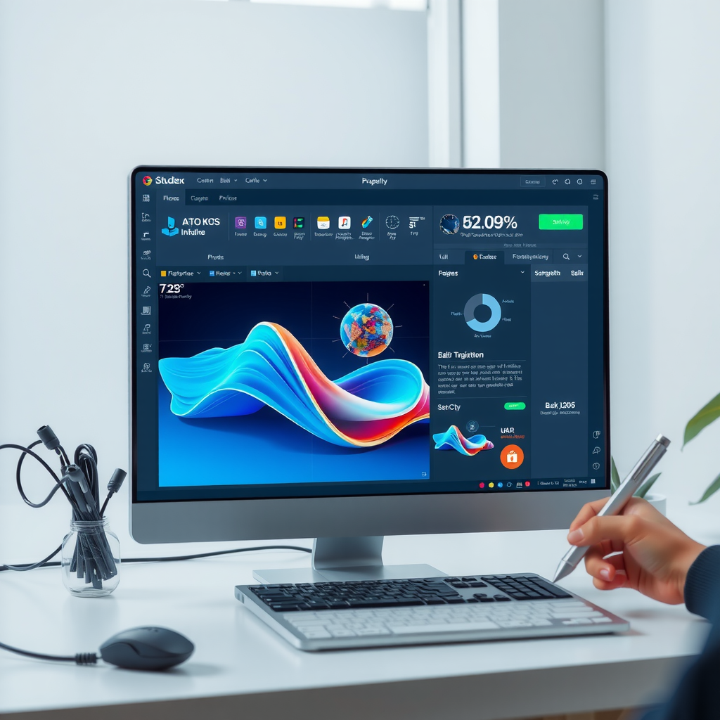 Интерфейс инновационного программного обеспечения для цифрового творчества с AI-инструментами, 3D-моделированием и интуитивным дизайном