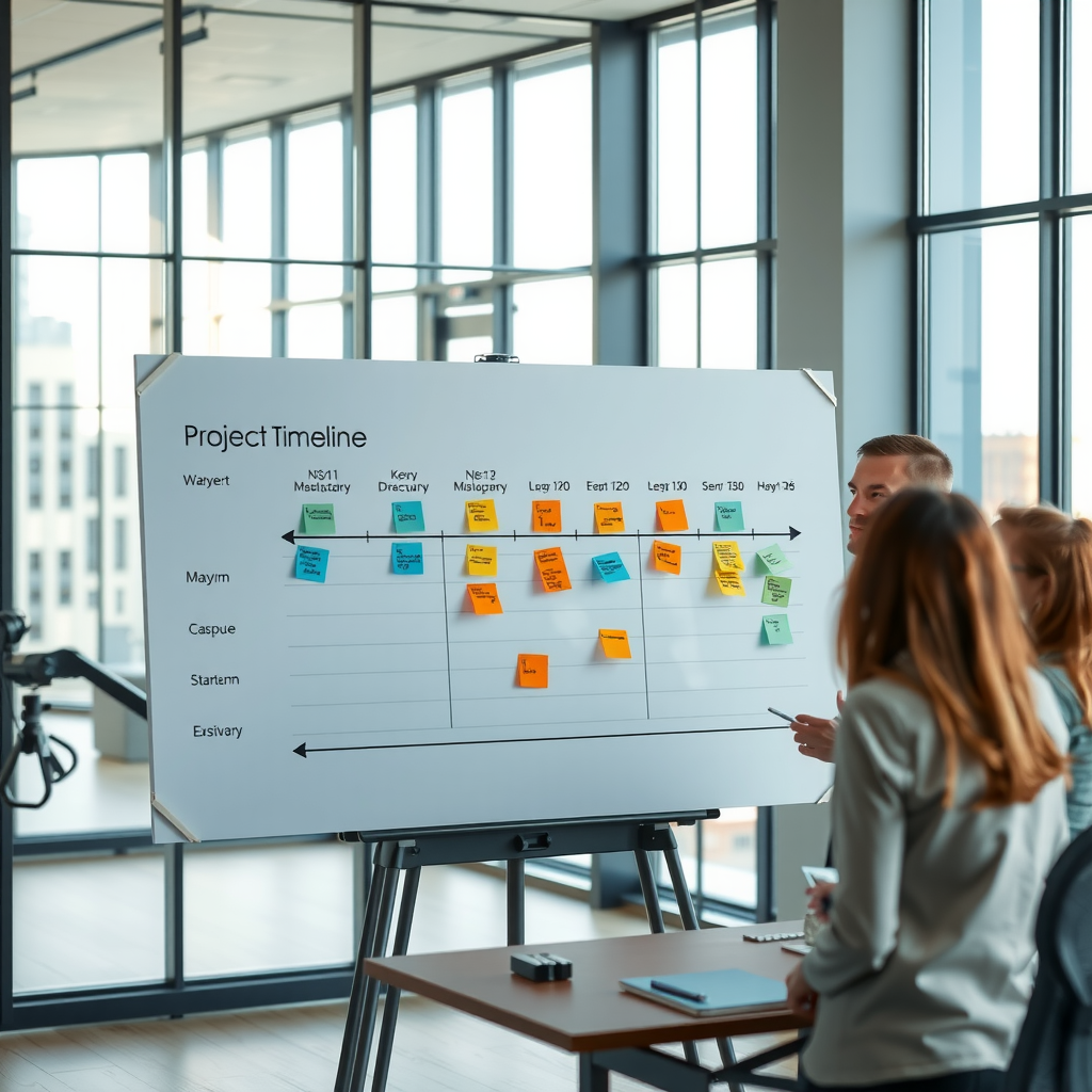 Временная шкала проекта на большой доске, отмечены ключевые этапы разноцветными стикерами, команда обсуждает следующие шаги, современный офис с панорамными окнами, дневное освещение