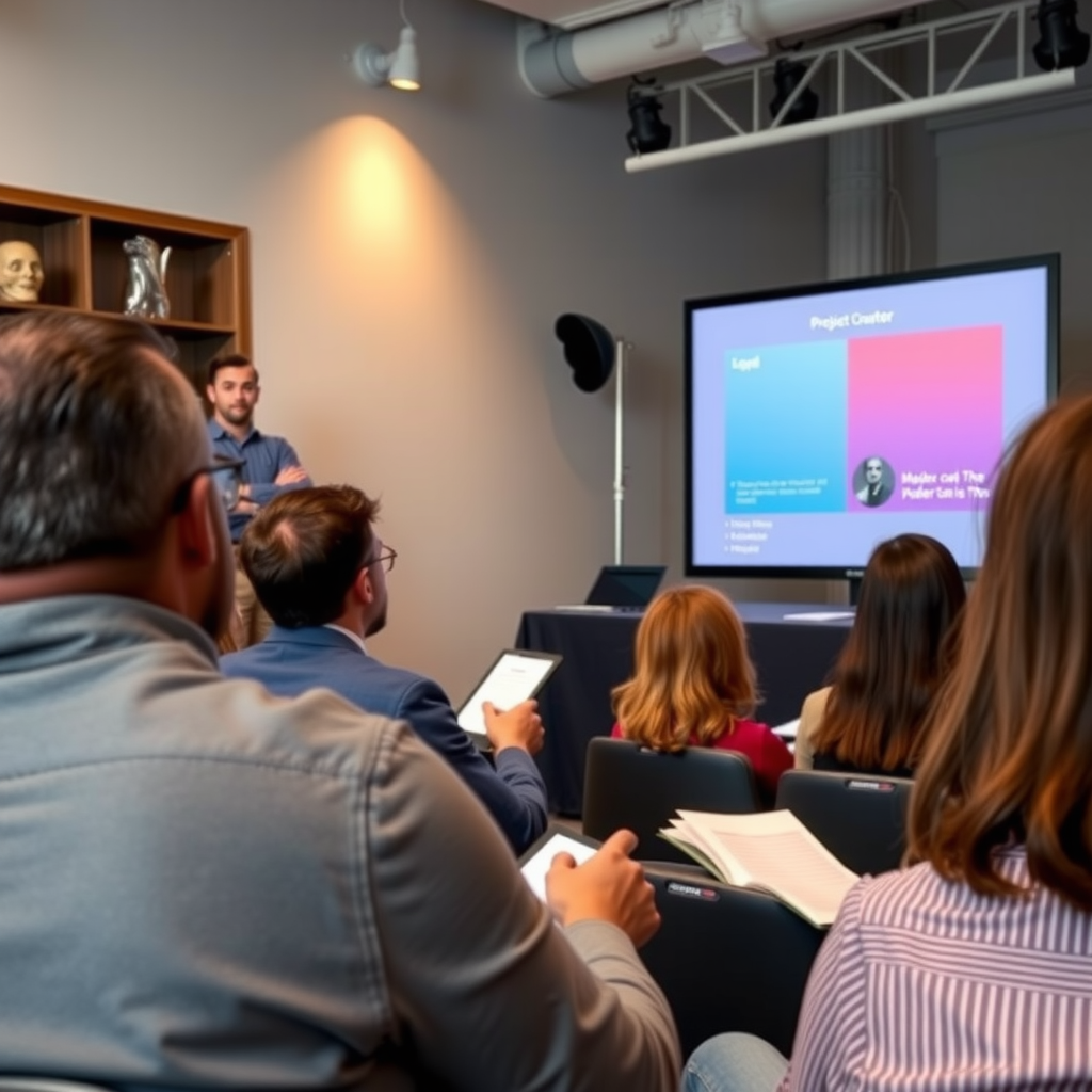 Опытный создатель проектов проводит мастер-класс для начинающих предпринимателей, показывает презентацию на большом экране, аудитория активно делает заметки и задает вопросы