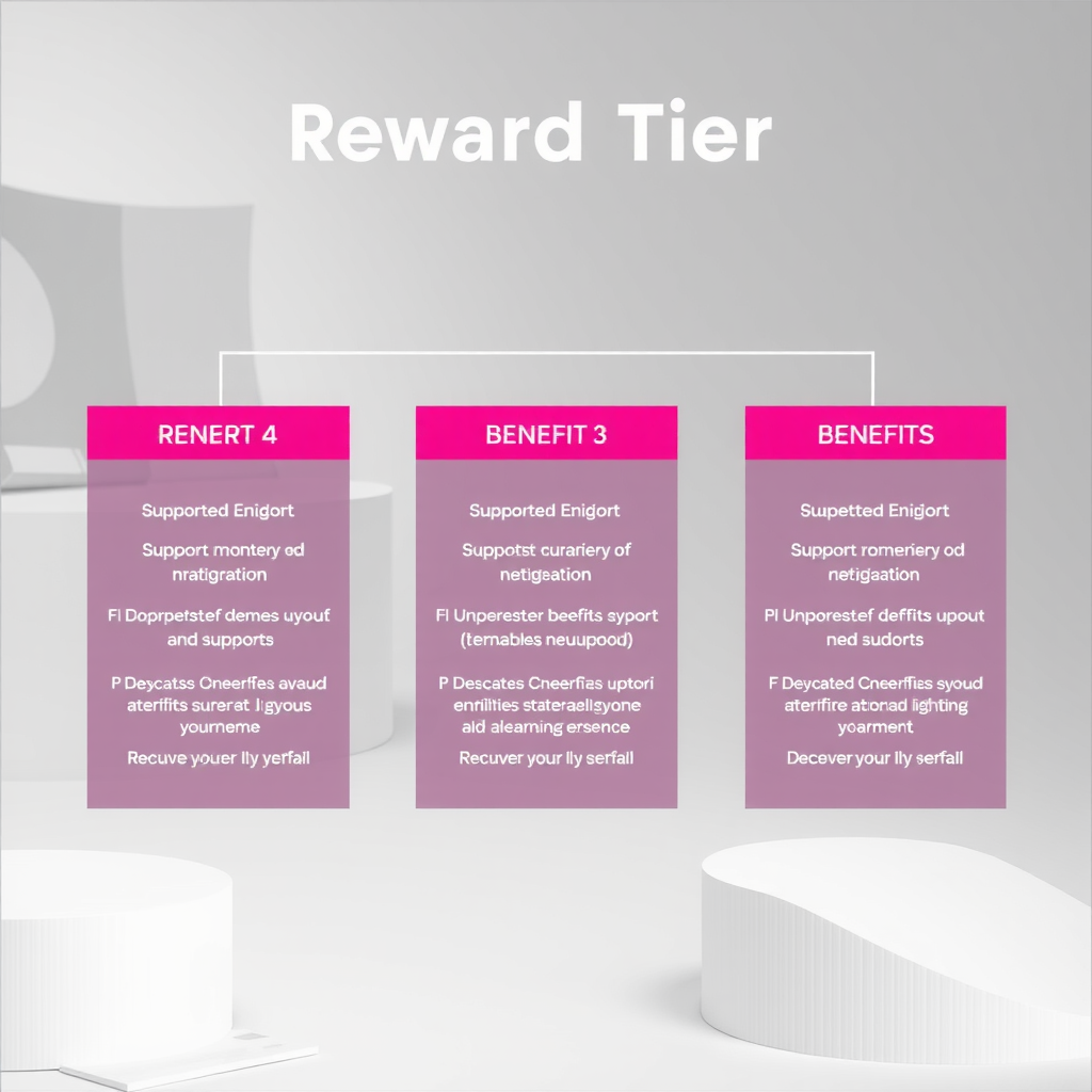 Структура уровней вознаграждений показывающая различные уровни поддержки и соответствующие преимущества с визуальными карточками и описаниями