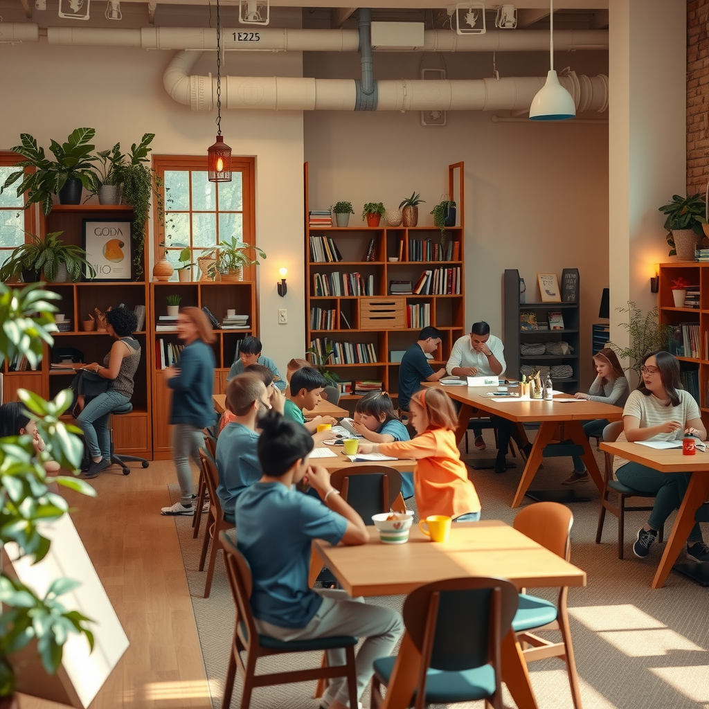 Уютное общественное пространство с людьми разных возрастов, дети играют в одной зоне, взрослые работают за столами, книжные полки, растения, теплая атмосфера сообщества