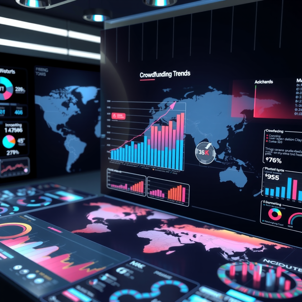 Футуристическая визуализация трендов краудфандинга: голографические графики роста, интерактивные дашборды с аналитикой проектов, глобальная карта инноваций