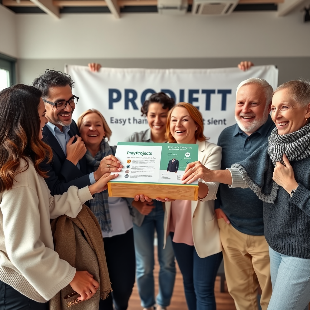 Группа людей разного возраста празднует успех проекта, держат в руках готовый продукт, улыбаются и обнимаются, на заднем плане баннер с логотипом проекта, атмосфера радости и достижения, яркое освещение