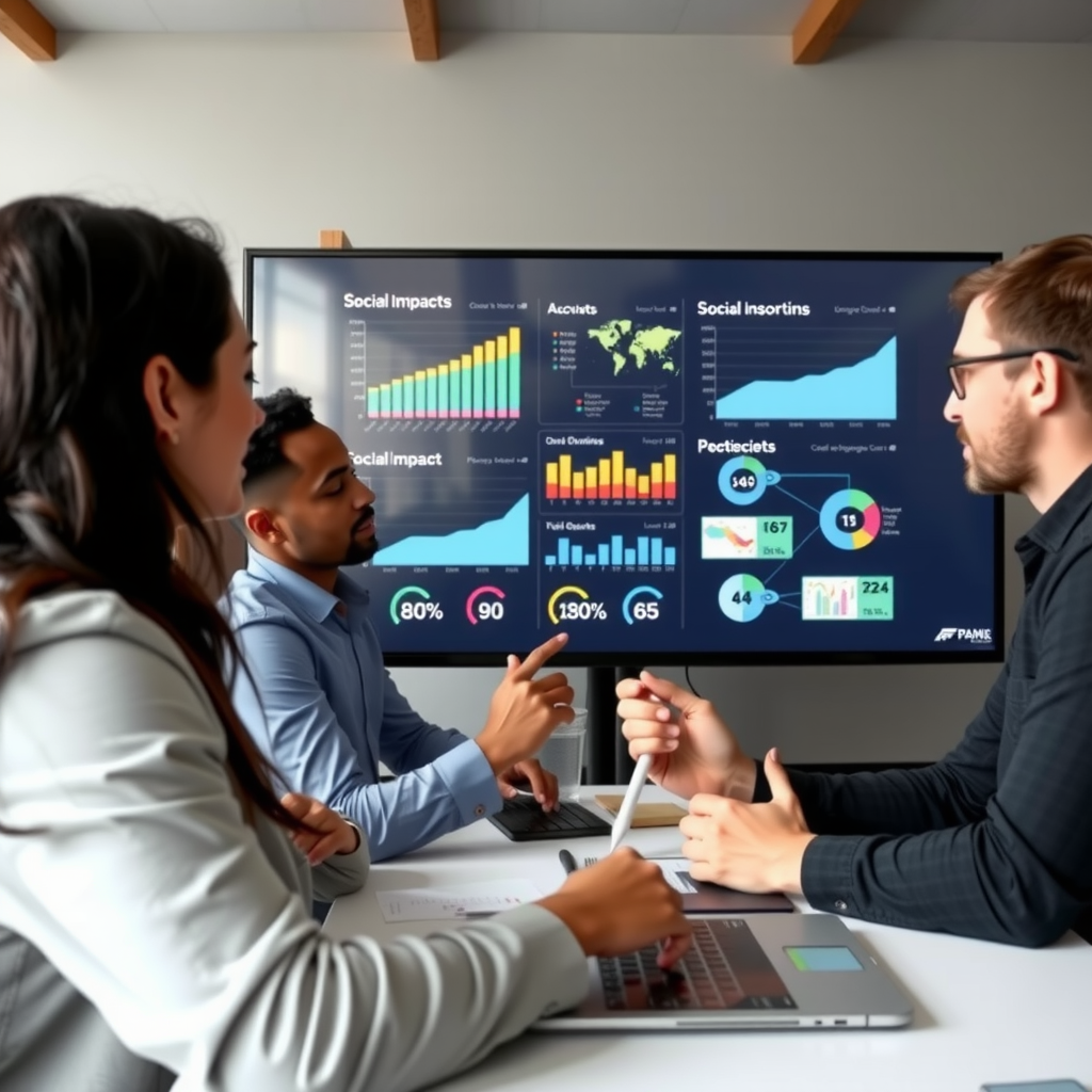 Инфографика с графиками и диаграммами, показывающими социальное влияние проекта, команда анализирует данные на большом экране, профессиональная обстановка