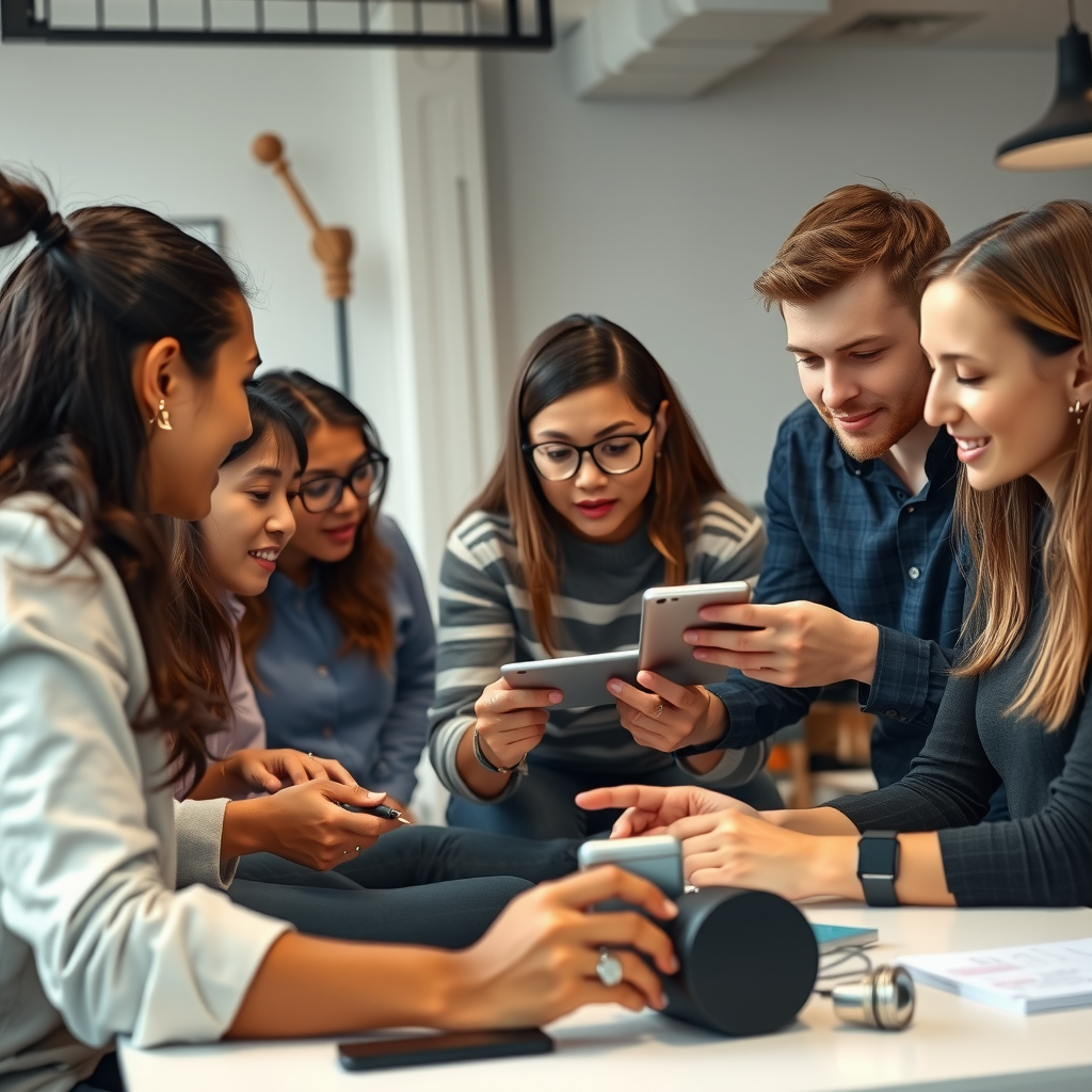 Разнообразная группа людей, работающих вместе над технологическим проектом, обсуждающих идеи, тестирующих прототипы в коворкинг-пространстве