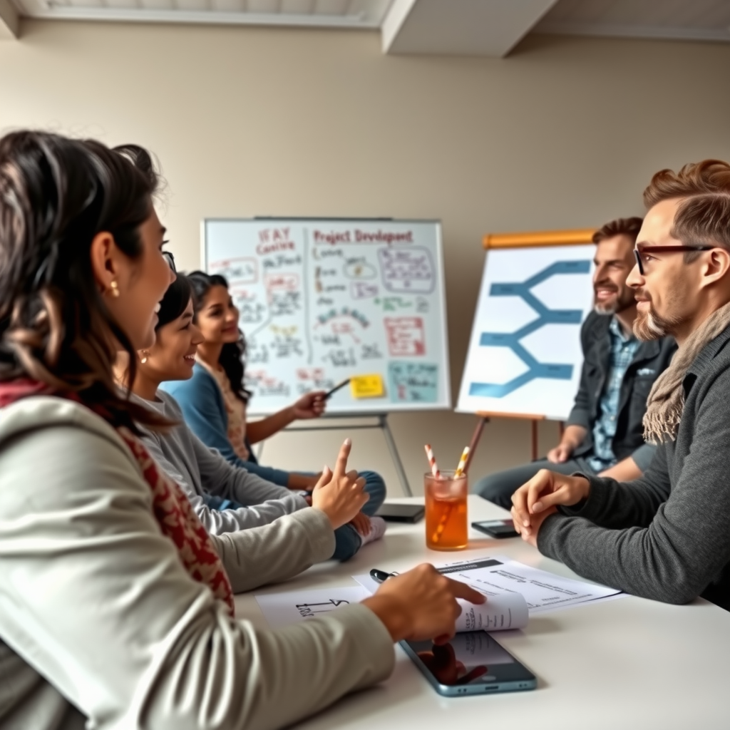 Активное сообщество на встрече, люди обсуждают планы развития проекта, флипчарт с идеями, атмосфера энтузиазма и сотрудничества