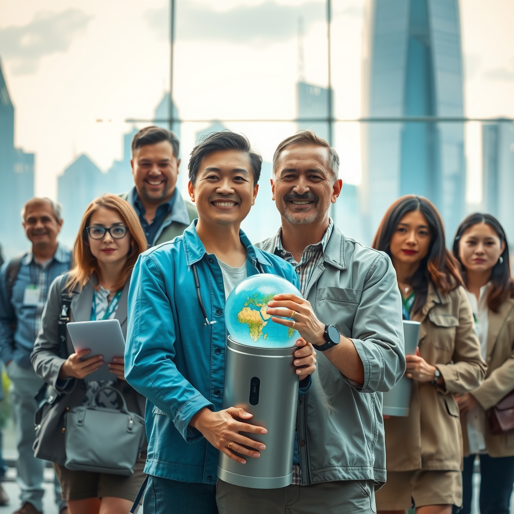 Вдохновляющая сцена будущего: люди разных возрастов и профессий, объединенные общей целью создания инноваций, на фоне футуристического города с зелеными технологиями