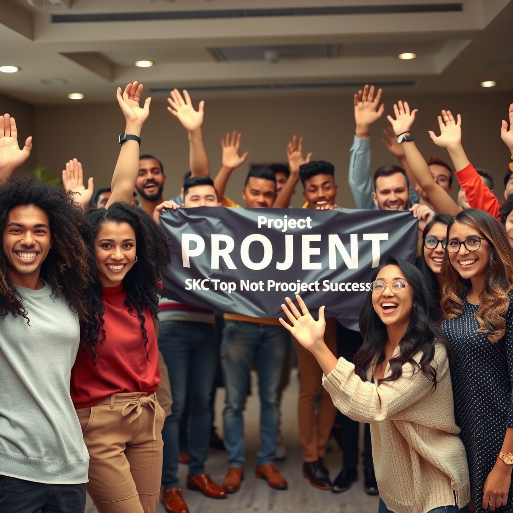Празднование успеха проекта, группа разнообразных людей радуется вместе, баннер с логотипом проекта, атмосфера достижения и единства